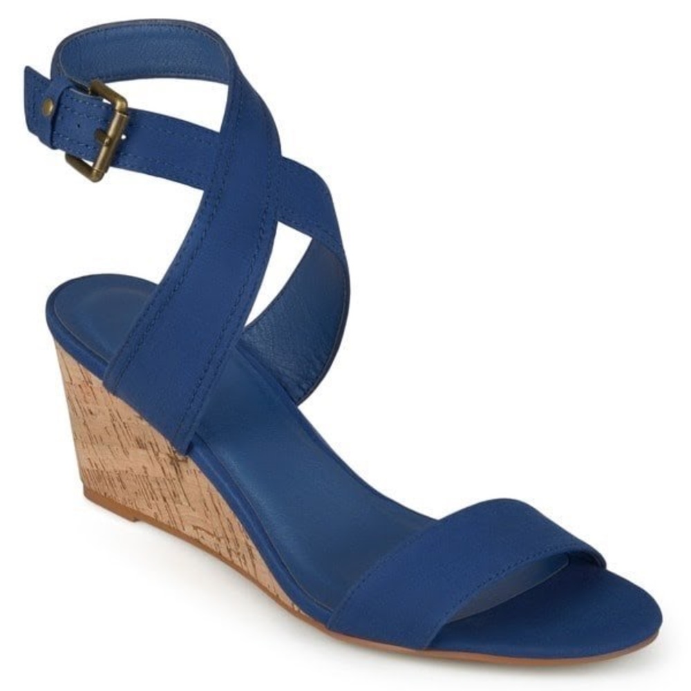 Blue Ankle Strap Kitten Heel Wedge Sandals - Picture 3 of 5